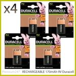 4 x Duracell 9V Rechargeable 170 mAh ULTRA Batteries PP3 Block 6LR61 DURALOCK