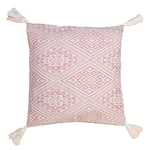 Jean&Len Housse de Coussin à Pompons en 100% Coton Bio, avec Boutons en Noix de Coco, Certifiée Oeko-Tex et Gots, Motif Jacquard Écru, Rose, Fabriquée en Turquie, 45 x 45 cm