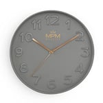 MPM Quality Design Wall Clock, Grey, Modern Plastic Clock, Glass, Quartz Movement Sweep, 305 x 305 x 42 mm, for Living Room, Bedroom, Kitchen, Office and in Any Room