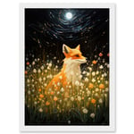 Watching the Fireflies Dance Happy Fox over a Wildflower Meadow Oil Painting Orange White Blue Full Moon Spring Night Dreamy Landscape Artwork Framed