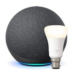 Echo (4th generation), Charcoal + Philips Hue White Smart Light Bulb LED (B22), Works with Alexa - Smart Home Starter Kit