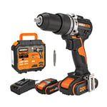 WORX NITRO - Perceuse à Percussion sans Fil 20V - Couple Max de 60Nm - Mandrin ⌀13mm - Moteur Brushless - 2 Vitesses Variables - Livrée Avec 2 Batteries, Chargeur et Accessoires - WX352