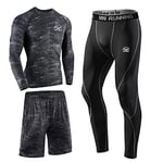 MEETEU Ensemble Compression Homme Tenue Sport Fitness Vêtement Running Tee Shirt Compression Legging Collant Sport Running Jogging Cyclisme,Manches Longues Printed&Noir,XL