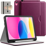 Coque Pour Ipad 10 (10,9 Pouces, Modèle 2022, 10ème Génération), Pu Cuir Folio Protecteur Housse Étui De Tablette Avec Porte-Stylet & Poche, Multi-Angle Affichage (Rose Pourpre)