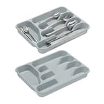 relaxdays range-couverts, lot de 2, cinq compartiments, pour les ustensiles de cuisine, plastique, 4 x 25 x 33 cm, gris