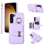 Phone Case For Samsung Galaxy S23 5G Wallet Cover with Crossbody Shoulder Strap and Leather Credit Card Holder 360°Rotation Ring Kickstand Stand Cell S 23 23S GS23 G5 SM-S911U 6.1 inch Girls Purple