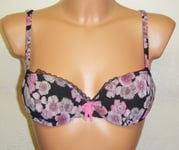 Chantelle Passionata Bloom Bra Size 32B Black Pink Padded Plunge Balcony 5662