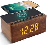 Radio Réveil Numérique en Bois avec Radio FM,Station de Charge sans fil Rapide Pour iPhone/Samsung Galaxy,Alarm Clock et Affichage LED,Variateur à 5 Niveaux,Port USB,Minuterie de Sommeil, Marron