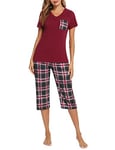 iClosam Pyjama Femme Été en Coton Pyjama Femme Court à Carreaux Pyjama Femme avec T-Shirt Manche Courte et Pantalon Capri Ensemble de Pyjama Femme 2 Pièces S-XXL