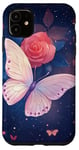 Coque pour iPhone 11 Rose et papillon mignon sur fond bleu