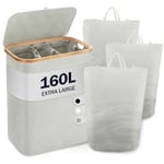 YOUDENOVA Panier à linge avec couvercle - 3 compartiments - 160 l - Avec 3 sacs à linge - Grand panier à linge pliable - En bois de bambou - Gris, YDLD057-L