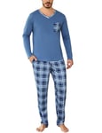 Aseniza Pyjama Homme Hiver Coton Ensembles de Pyjama Chauds Manches Longues Col à Carreaux Contrasté Vêtements De Nuit Pantalon de Pyjama à Carreaux Tenues de Nuit Vêtements de Détente Bleu Ciel M