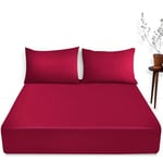 Extra Deep Fitted Single Bed Sheet- Polycotton Plain Dyed Hotel Quality Bedding- 16"/40 cm Fitted Sheet- Red