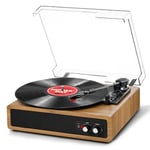 Record Player, FYDEE Vinyl Record Player with Built-in Stereo Speakers, 3-Speed 33/45/78 RPM Vinyl Player, Bluetooth Turntable for Vinyl Records, Supports RCA Output and AUX Input - Natural Wood