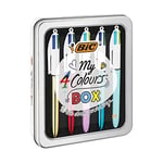 BIC 4 Couleurs "My 4 Colours Box", Stylo à Bille Rétractable, Stylo 4 Couleurs, Pointe 1 mm, Boîte Métallique, Lot de 5