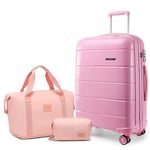 KONO Lot de 3 valises de Voyage 55 x 40 x 20 cm Bagages à Main avec Sac de Voyage et Sac de Toilette, en polypropylène léger, Chariot de Voyage avec Serrure TSA sécurisée, Rose, Luggage Set of 3PCS,