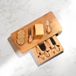 Bamboo Cheese Board Set Serving Platter With Knives Slide Out Drawer Tray Gift