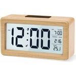 Réveil numérique - Horloge de chevet en bois avec grand écran LCD rétroéclairé - Température - Fonction Snooze - Capteur de luminosité - 3 piles AAA