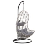 Fauteuil Suspendu Design en Rotin Gris avec Support en Acier Noir et Coussin As