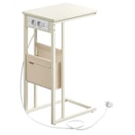 VASAGLE Table d’Appoint, Table de Chevet avec Multiprise, Bout de Canapé en Forme de C, pour Petits Espaces, 2 Ports USB et Prises, Sac, Pieds Réglables, pour Chambre, Salon, Blanc Crème LET356W02