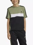 adidas Kids' Tiberio 3 Stripes Cotton Colour Block T-Shirt, Green/Black