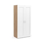 Armoire Penderie 2 Portes Blanc et Bois + Barre de Penderie et Etagères - Rangement Pratique Etagères Escalier Chambre