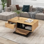 Table basse en grain de bois, avec un tiroir sans poignée, un compartiment de rangement et un compartiment de rangement arrière, rangement double face