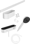 hansgrohe WallStoris - Ensemble d'accessoires pour la salle de bain sans percage 7 pièces, avec Pommeau de douche économie d'eau, Mitigeur thermostatique douche et Accessoires, Blanc mat, 24250700