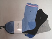 BNWT CALVIN KLEIN  Cotton Blend  Ladies Ankle Socks  - 3 Pairs  Blue Black Grey