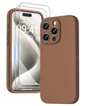 GOODVISH 3 in 1 Case for iPhone 15 Pro Case, [2X HD Screen Protector][Upgraded Camera Protection] Shockproof Liquid Silicone Soft Microfiber Lining Smooth Protective Phone Case Cover 6.1", Brown