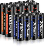 Batterie Rechargeable AA 600mAh + Batterie Rechargeable AAA 300mAh 1.2V AAA NI-MH Rechargeable, 1200 Cycles de Charge, Piles à Faible Autodécharge, 16 Pièces