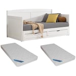 Lit gigogne banquette 90 x 190 ou 180 x 190 cm - Avec sommier peigne et tiroirs - Pin et mdf - Blanc + Matelas - diniva