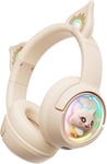 Casque Bluetooth avec oreilles de chat, en mode sans fil et filaire, avec microphone, lumière RVB, compatible avec les téléphones portables, PC, tablette, consoles de jeux, blanc