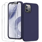 GOODVISH 3 in 1 for iPhone 12 Pro Max Case Liquid Silicone with 2x Screen Protector, Anti-Scratch Full covered Microfiber Lining Shockproof Protective Slim Phone Case Cover 6.7", Navy Blue