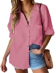 HOTOUCH Womens Casual Tunic Blouse Elegant V Neck Shirts Rolled Up Sleeve Cotton Plain Loose Button Down Shirts Polo Tops Pink XL