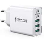 Chargeur USB C, 50 W 5 Ports USB C Chargeur, Bloc de Charge Rapide PD+QC, Multiport Type C Chargeur Compatible avec iPhone15/14/13/12/11/Pro Max/XS/XR/8/7/téléphone Samsung/Tablette