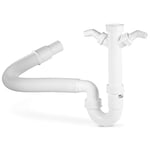 Xavax Siphon (pour évier, lave-linge et lave-vaisselle, 1,5", 2 ports pour siphon 1" (2,54 cm) et 2 pièges à odeurs, flexible) Blanc/Noir