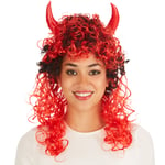 Horned She-Devil Wig | Red Hair Woman Halloween Party Ladies Fancy Dress Outfit