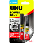 UHU Power glue tous plastiques - colle instantanée, ultra rapide et forte, tous plastiques, transparente, tube activateur 3ml + tube colle 2g