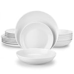 MALACASA Plates and Bowls Set, 18 Piece Dinner Sets for 6 People Gourmet Porcelain Tableware with 6-Piece Round Dinner Plates/Dessert Plates/Soup Plates, Ivory White, Series Amelia