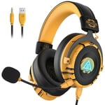 EKSA Casque Gaming, Son Surround 7.1 Casque PC Filaire avec Antibruit Micro, Casque Gamer avec USB/Audio Jack 3,5mm, Casque PS4 Ultra Léger avec Lumière LED pour PC/Mac/Switch/PS4/PS5/Xbox One,Jaune