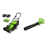 Greenworks Tondeuse à gazon2x24V 41cm G24X2LM412x avec Batteries 2x4Ah et Chargeur à Double Fente et souffleur de Feuilles axial 24V Outil G24AB Uniquement