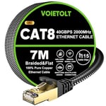 VOIETOLT Cat 8 Câble Ethernet 7M, 40Gbps/2000Mhz Haut Débit S/FTP Cable Internet, Plat Tresse RJ45 Gigabit Cable LAN pour PS4/5, Ordinateur, Modem, PC, TV