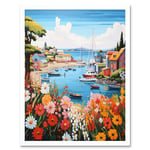 Idyllic Scenic Seaside Fishing Village Bright Oil Painting Orange Pink Blue Bathroom Floral Artwork Harbor Bay Boats Coastal Landscape Art Print Frame