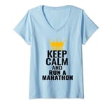 Womens Keep Calm and Run a Marathon with a Crown on the Top V-Neck T-Shirt