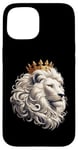 Coque pour iPhone 15 lion blanc portant une couronne dorée