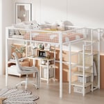 Lit mezzanine, lit enfant, support de rangement pour escalier, armoire simple+table, en métal, 140x200cm, blanc