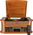 HIF2002 Système stéréo rétro avec Platine Disque, Cassette, Lecteur CD et Radio Dab, Dab+, FM/MW, MP3, USB, écran LCD, télécommande, 80 W, boîtier en Bois véritable, Marron