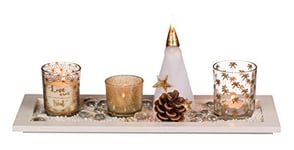 Out of the Blue 950094 Christmas Decoration Set, White Wooden Tray with Tea Light Holders, Tea Light, Candles and Decoration, Approx. 36 x 14 cm