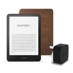 Kindle Paperwhite (2024 Release) 16 GB with ads, an Amazon Premium Leather Cover and an Amazon Powerfast 9W Power Adapter